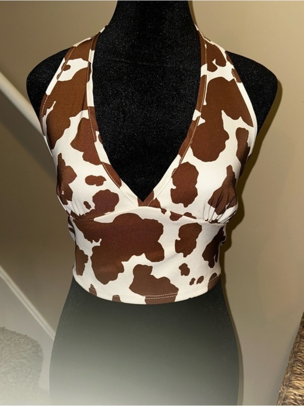 UEC Altar'd State Brown and Cream Cow Print Halter Crop Top Sz L
